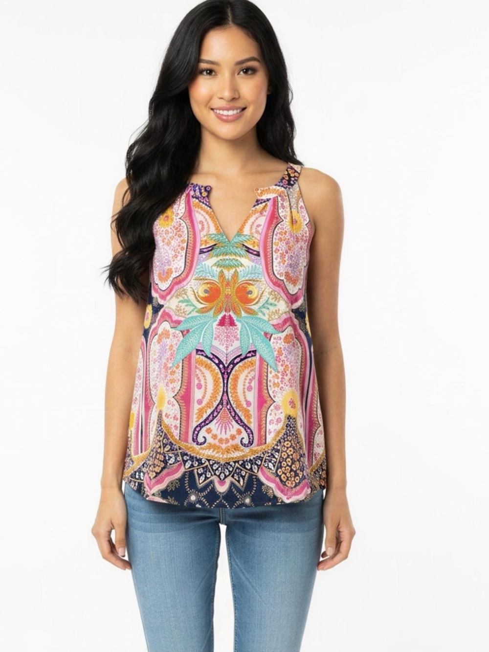 Rose & Olive Paisley Multicolored Vibrant Sleeveless V-Neck Top Size L
